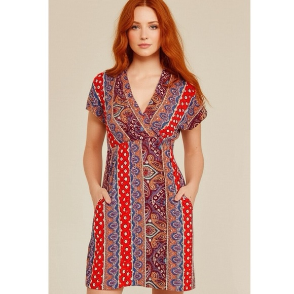 HAPTICS Sunset Orange Boho Print V Neck Short Sleeve Dress Mini Summer Festival - Picture 1 of 7